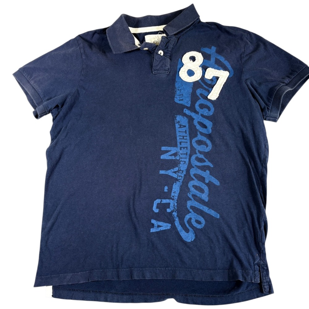 Aeropostale Polo Shirt Mens XL Navy Blue Washed Y2K Workwear 87 Graphic Preppy